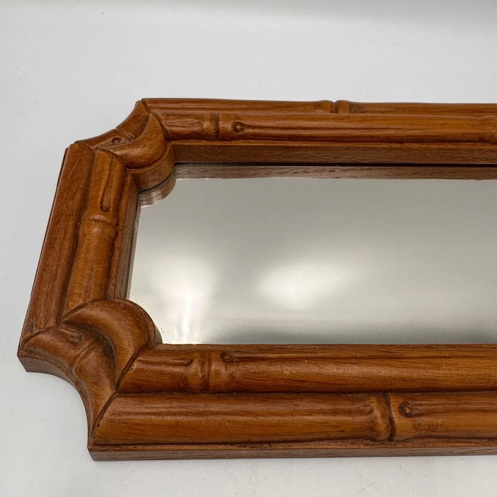 Vintage Hollywood Regency Faux Bamboo Wall Mirror Brown Chinoiserie 14x5.5 inch
